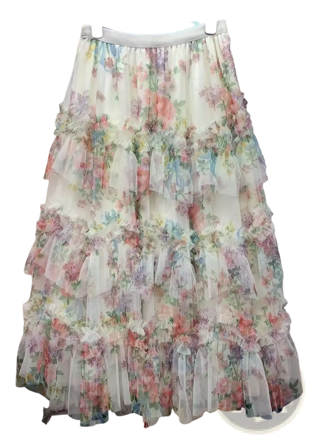 A delicate floral tulle fairycore skirt with pearl trim featuring pastel sheer ruffled layers and a white elastic waistband