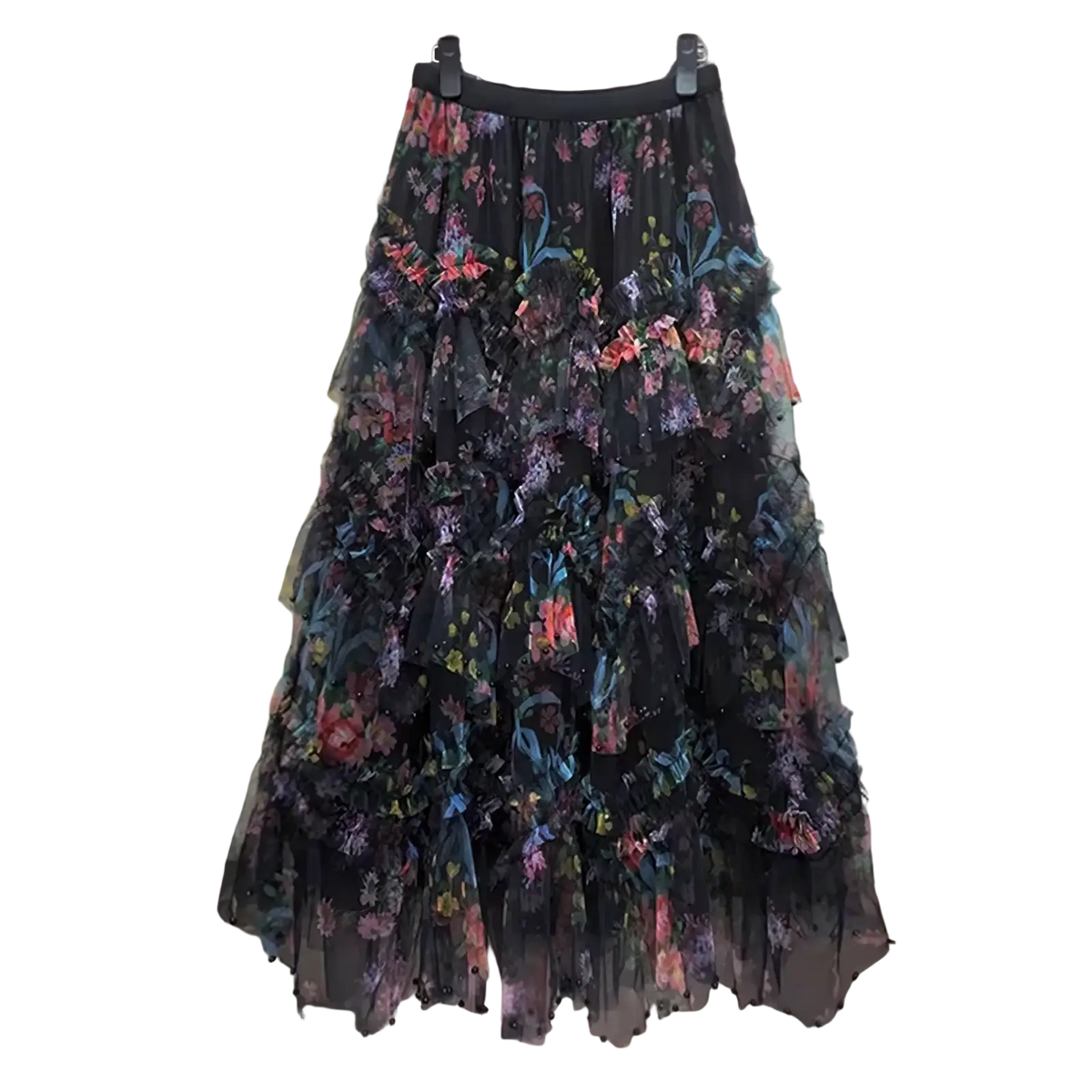 A black floral tiered sheer tulle skirt with colorful embroidered flowers and delicate ruffles pearl trim y2k style