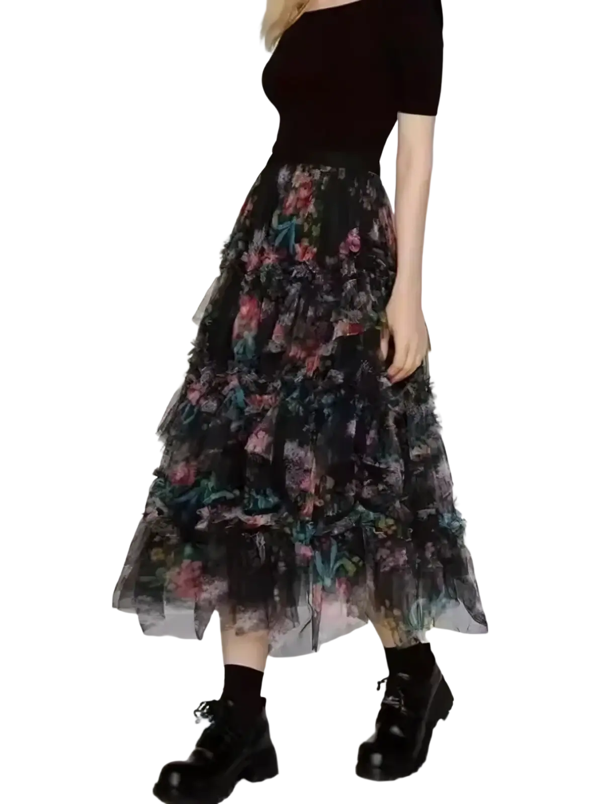 A black floral tiered tulle fairycore skirt with pink and teal blossoms and pearl trim in y2k style