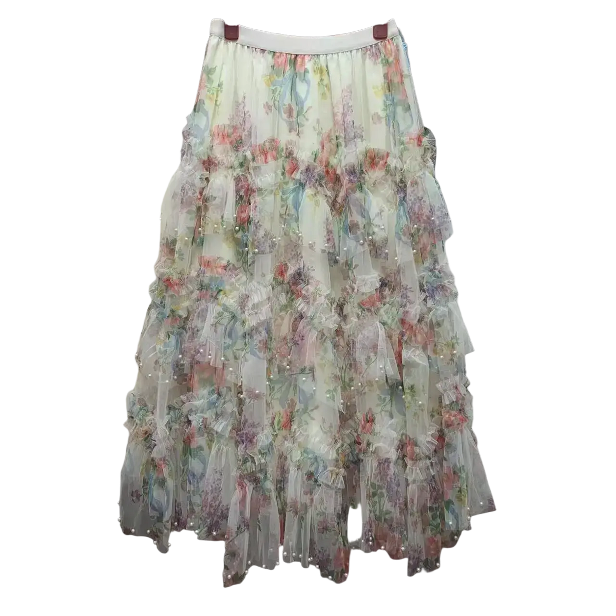 A delicate floral tulle fairycore skirt in soft pastel hues with multi-layered fabric and pearl trim embellishments