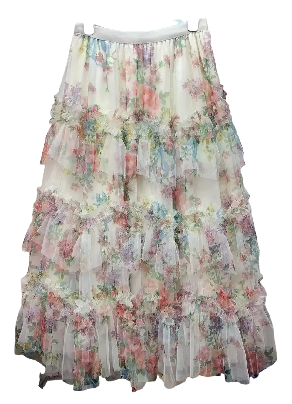 A delicate floral tulle fairycore skirt with pearl trim featuring pastel sheer ruffled layers and a white elastic waistband