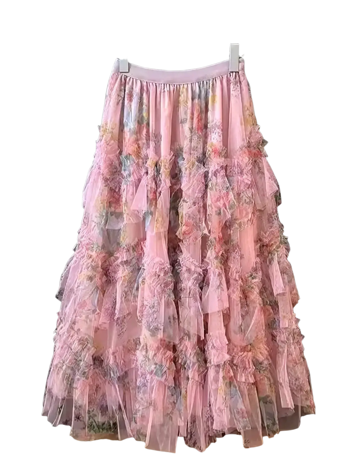 A delicate pink floral tulle fairycore skirt with pearl trim featuring tiered ruffled layers and sheer lightweight fabric
