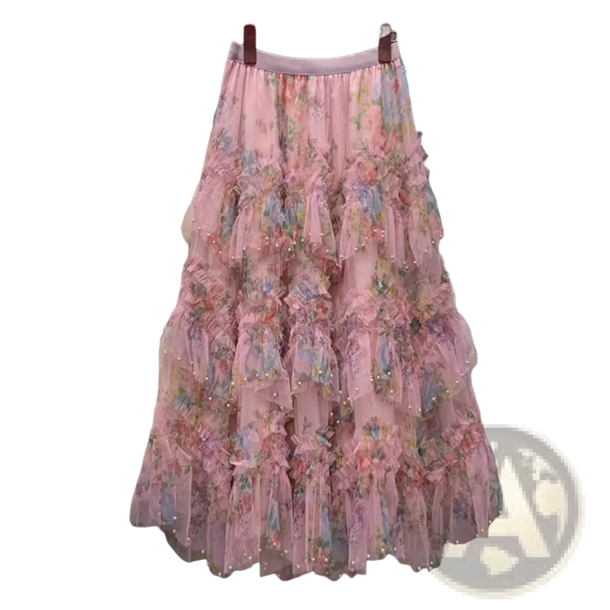 A delicate pink floral tiered sheer tulle skirt with pearl embellishments from the Y2k fairycore collection