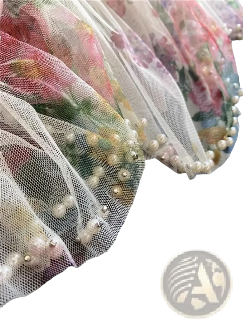 Floral tulle fairycore skirt with delicate sheer fabric ruffled edge and pearl trim in soft pastel colors