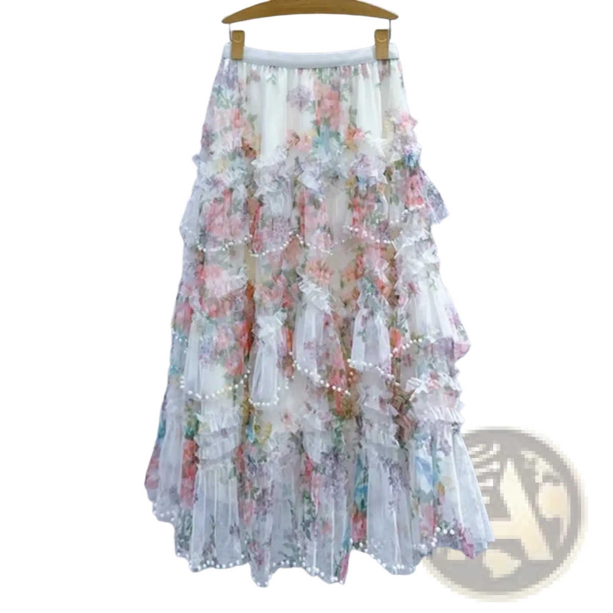 A delicate tiered floral tulle fairycore skirt in soft pastel hues with lace and pearl trim y2k style