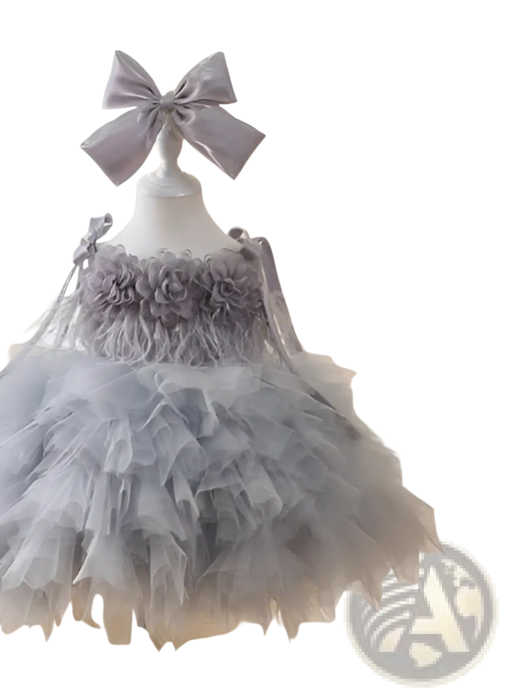 Lavender floral tulle tutu flower girl wedding dress with layered tulle and matching satin bow accent