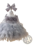 Lavender floral tulle tutu flower girl wedding dress with layered tulle and matching satin bow accent