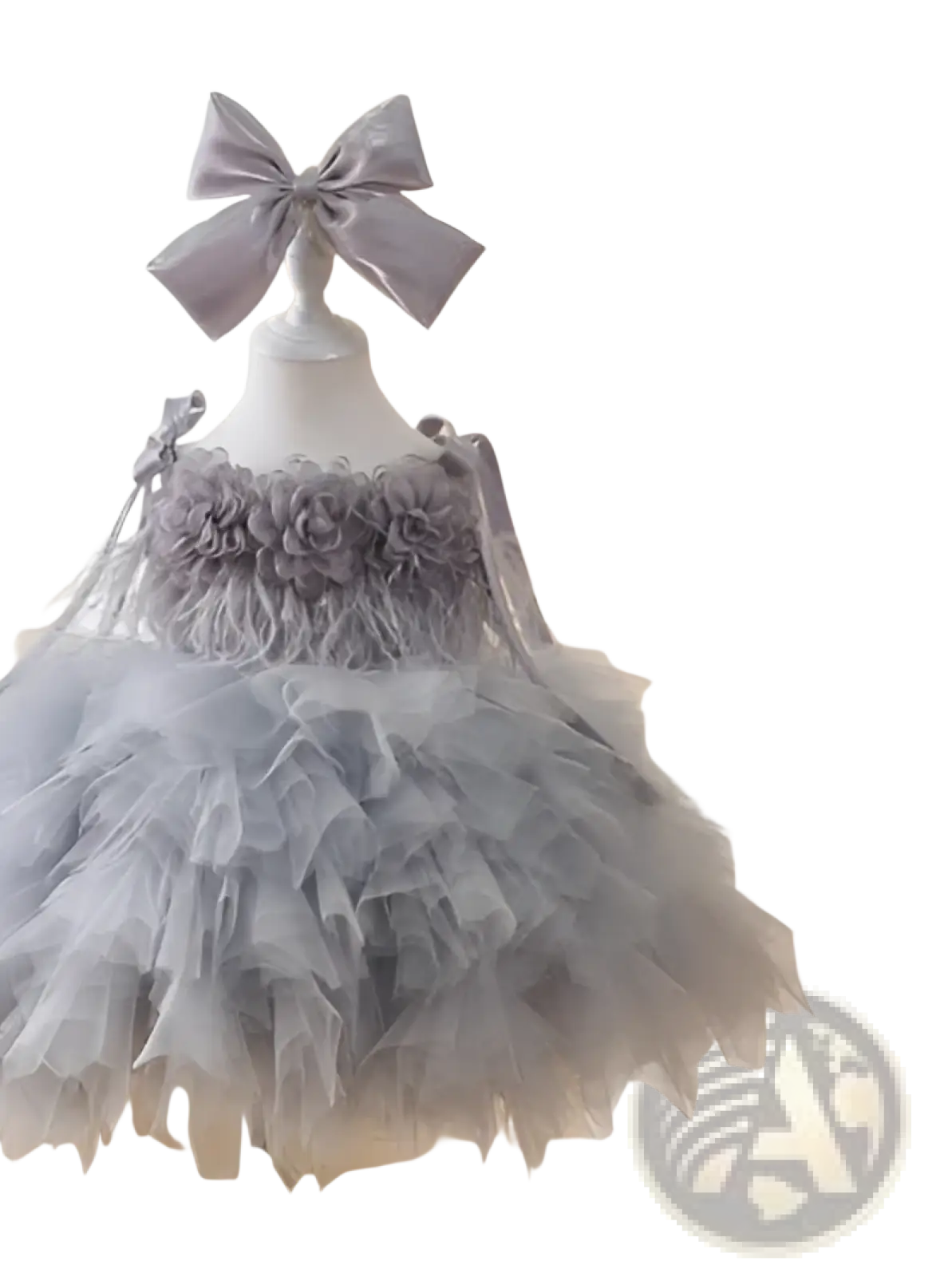 Lavender floral tulle tutu flower girl wedding dress with layered tulle and matching satin bow accent