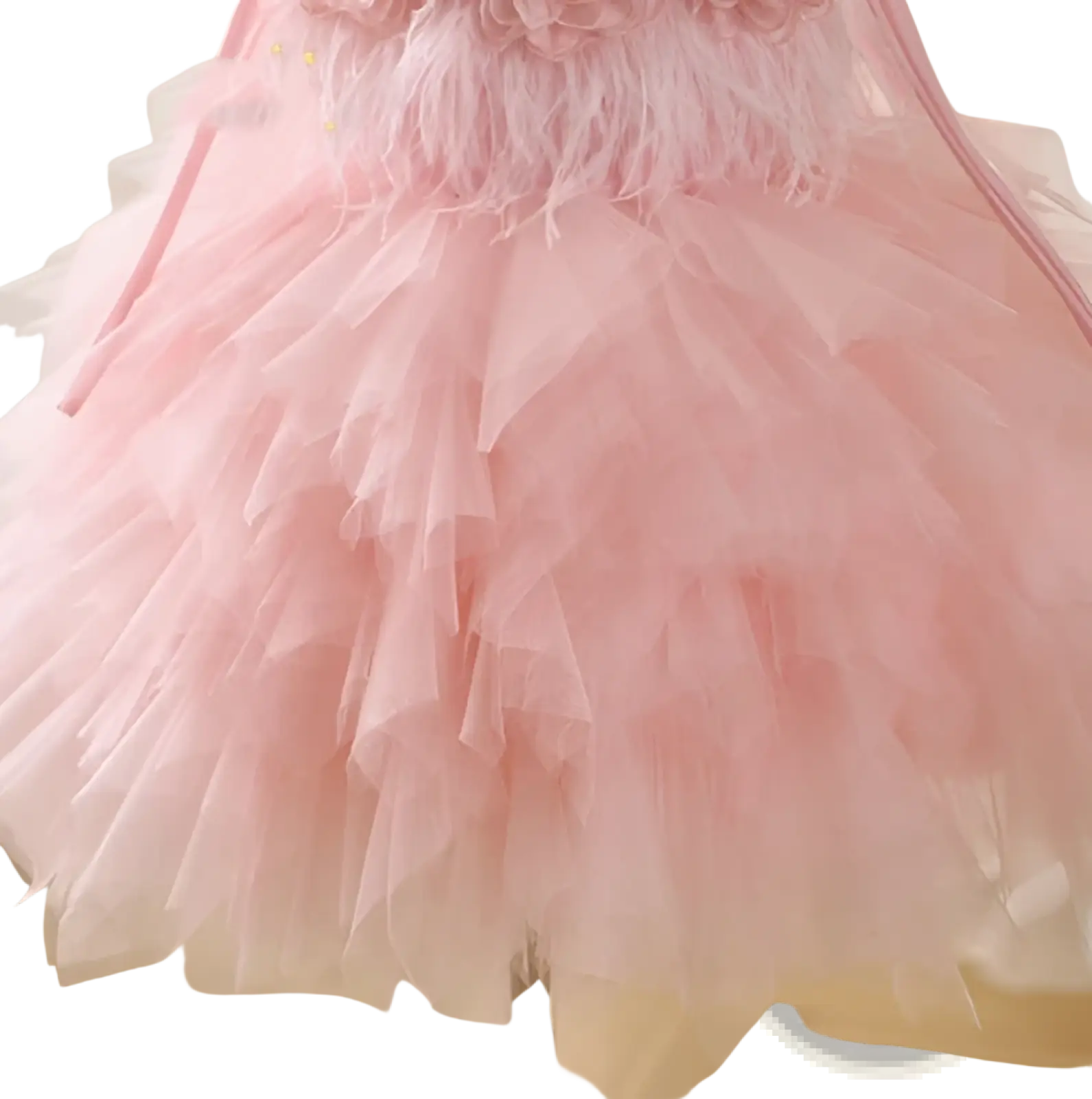 Floral tulle tutu flower girl wedding dress with delicate pink tulle skirt, soft feather accents, and floral waist embellishment