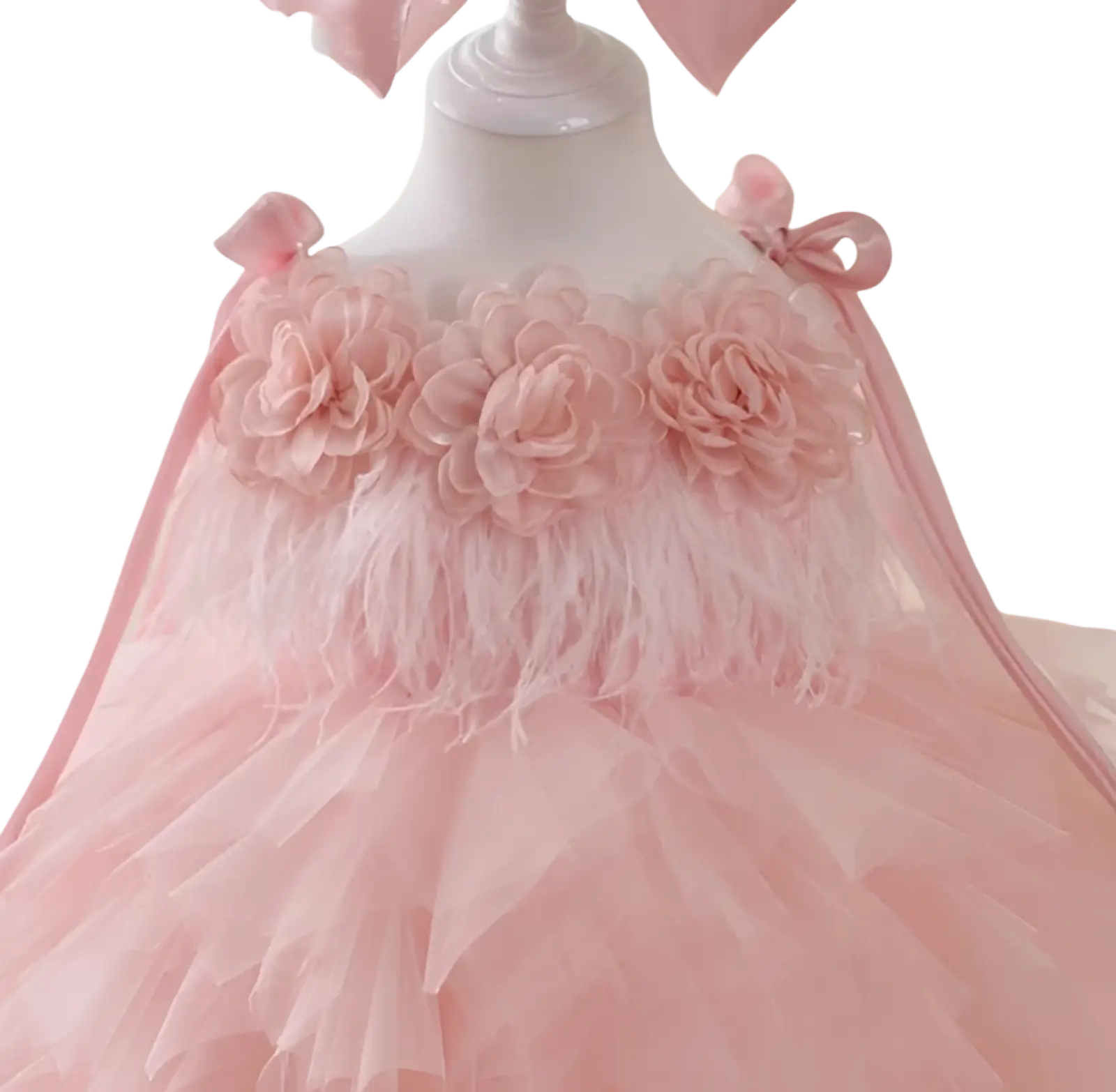 Floral tulle tutu flower girl wedding dress in delicate pink with soft fabric flowers and feather trim