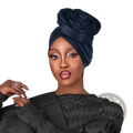 Navy blue satin floral turban cap for women styled in a rose-like headwrap knot elegant and soft