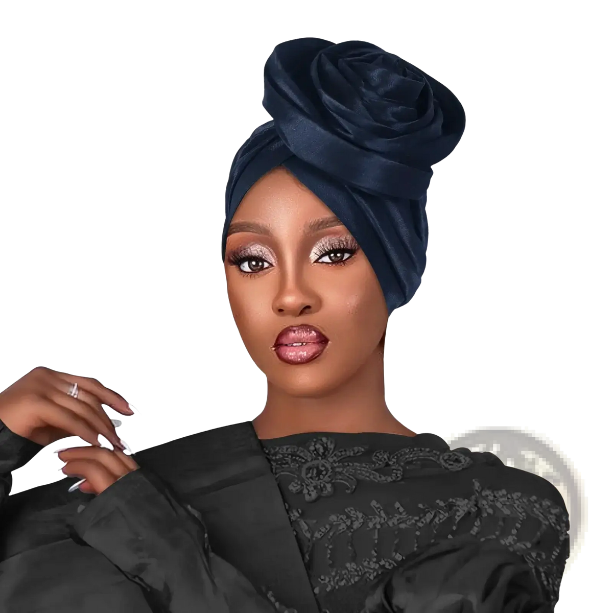 Navy blue satin floral turban cap for women styled in a rose-like headwrap knot elegant and soft