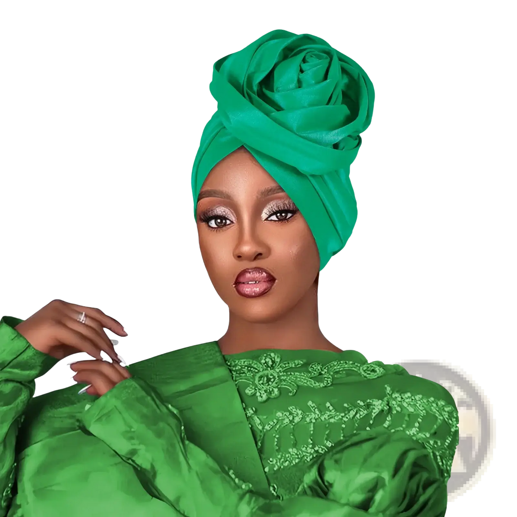 Emerald green floral turban cap for women made of satin styled as a rose-like headwrap