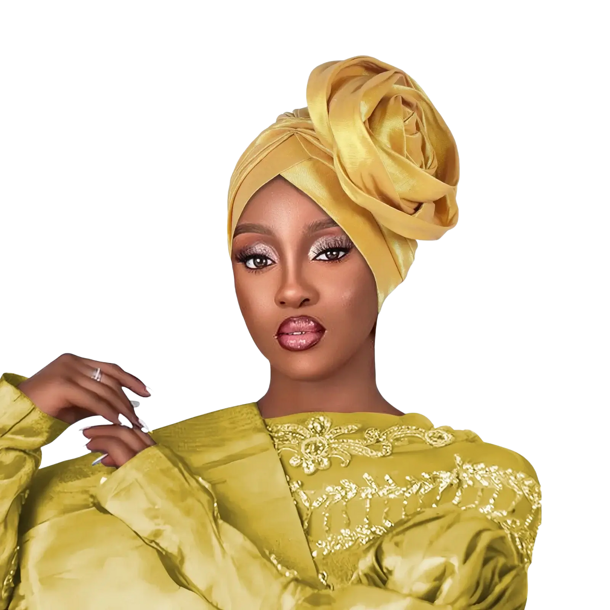 Golden satin floral turban cap for women featuring a large rose-like fold at the top satin headwrap