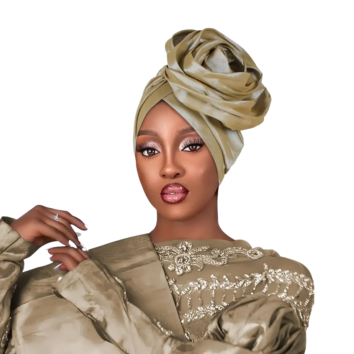 Floral turban cap for women with a sophisticated olive green satin headwrap featuring an intricately folded rose design
