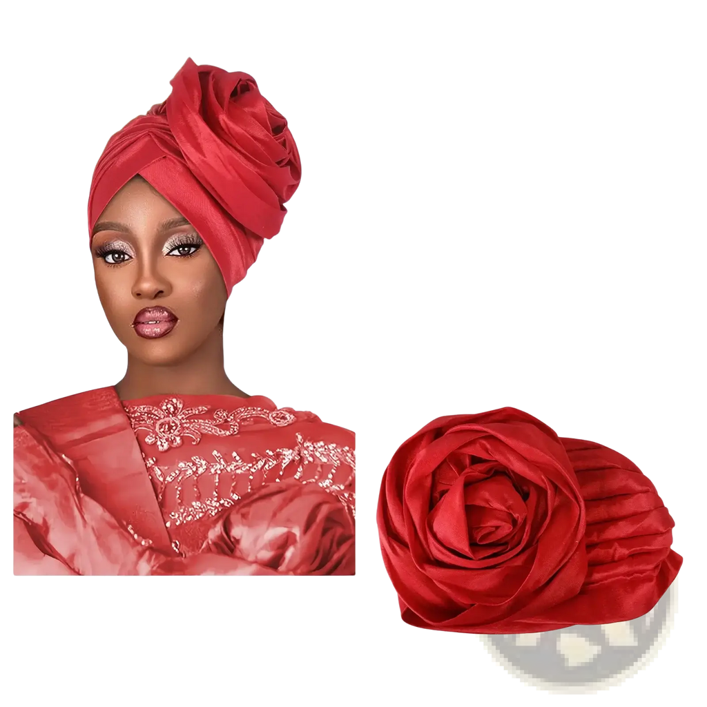 A vibrant red satin floral turban cap for women styled in a rose-like headwrap design