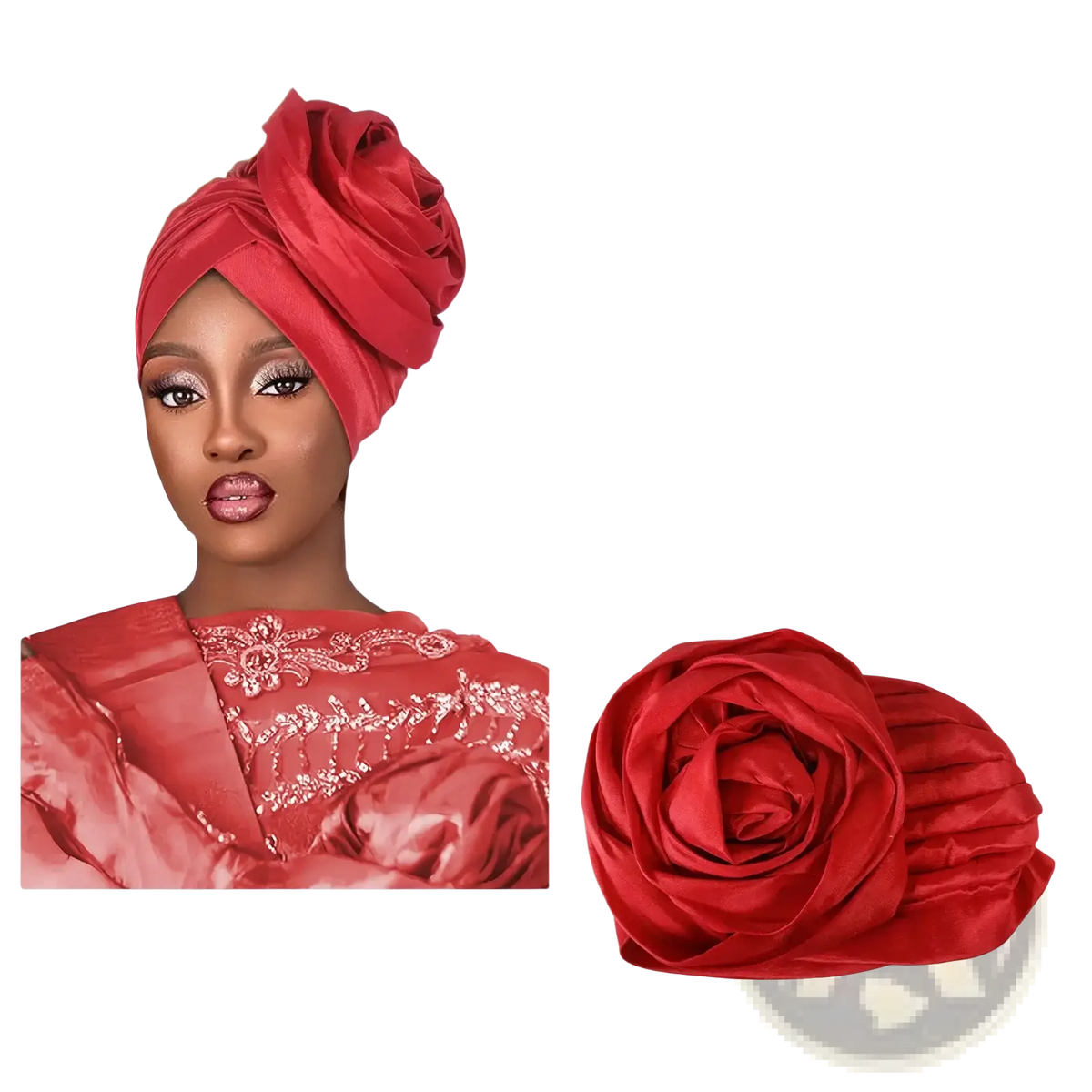 A vibrant red satin floral turban cap for women styled in a rose-like headwrap design