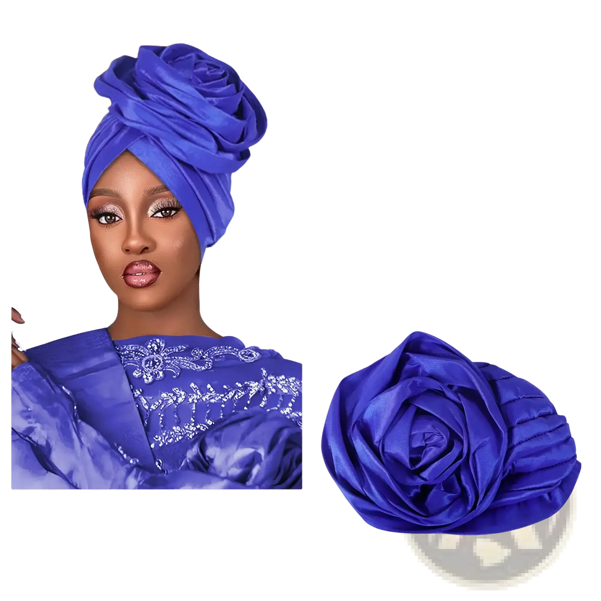 A vibrant royal blue satin floral turban cap for women styled in an elegant rose-like headwrap