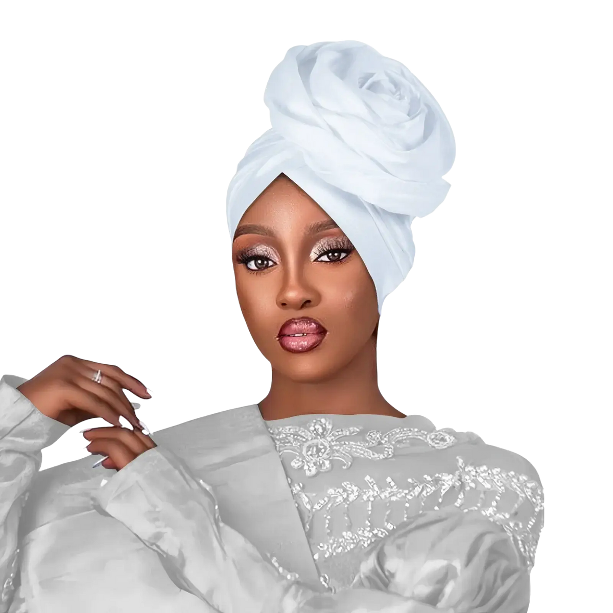 White satin floral turban cap for women styled as an elegant rose-like headwrap made of fabric