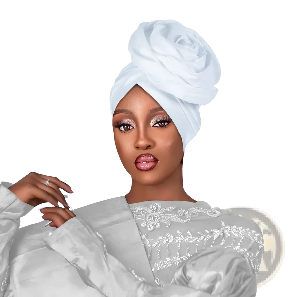 White satin floral turban cap styled as an elegant rose-like headwrap for women