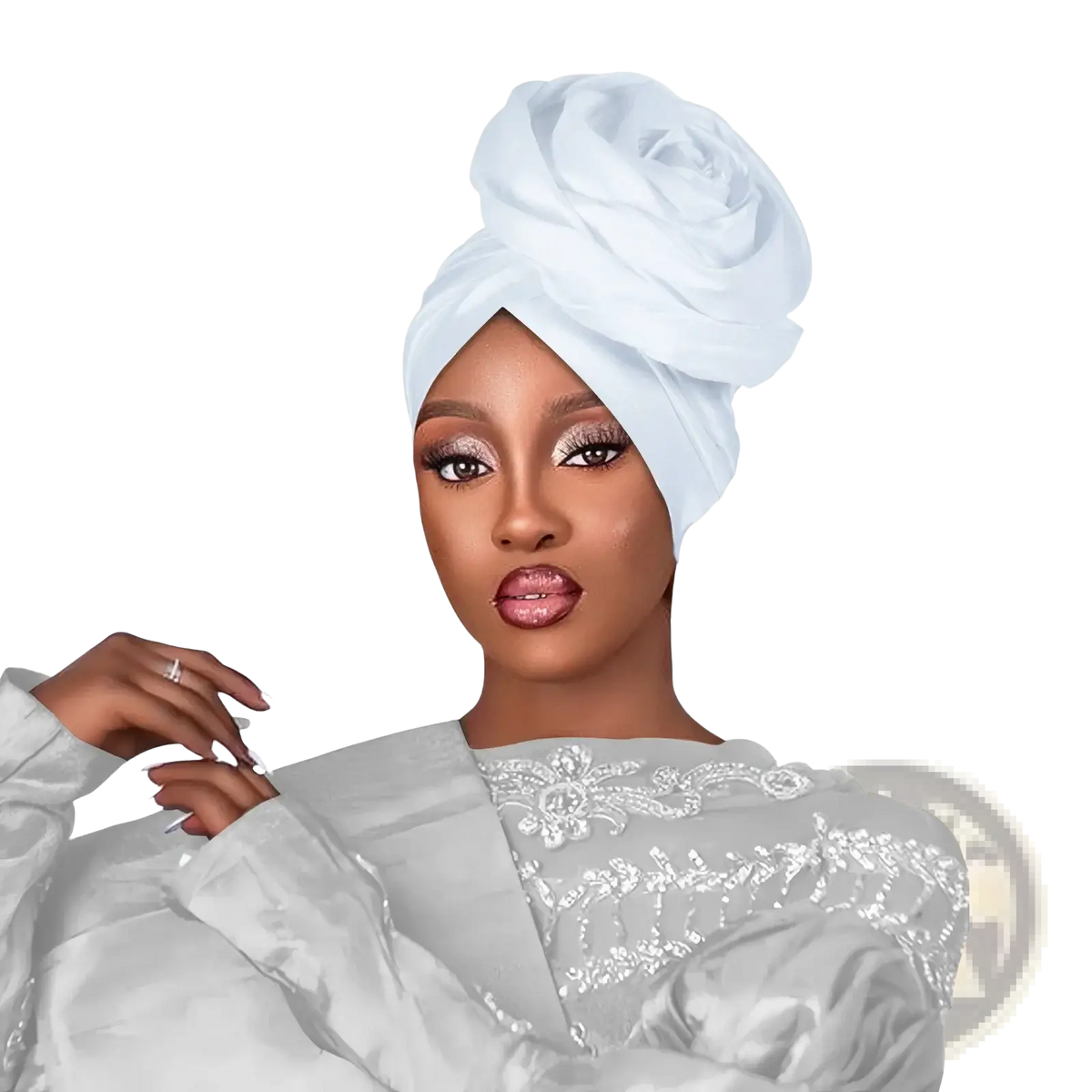 White satin floral turban cap styled as an elegant rose-like headwrap for women