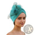 Floral turban headwrap in teal velvet fabric with rose embellishment and sheer netting for wedding headpiece use