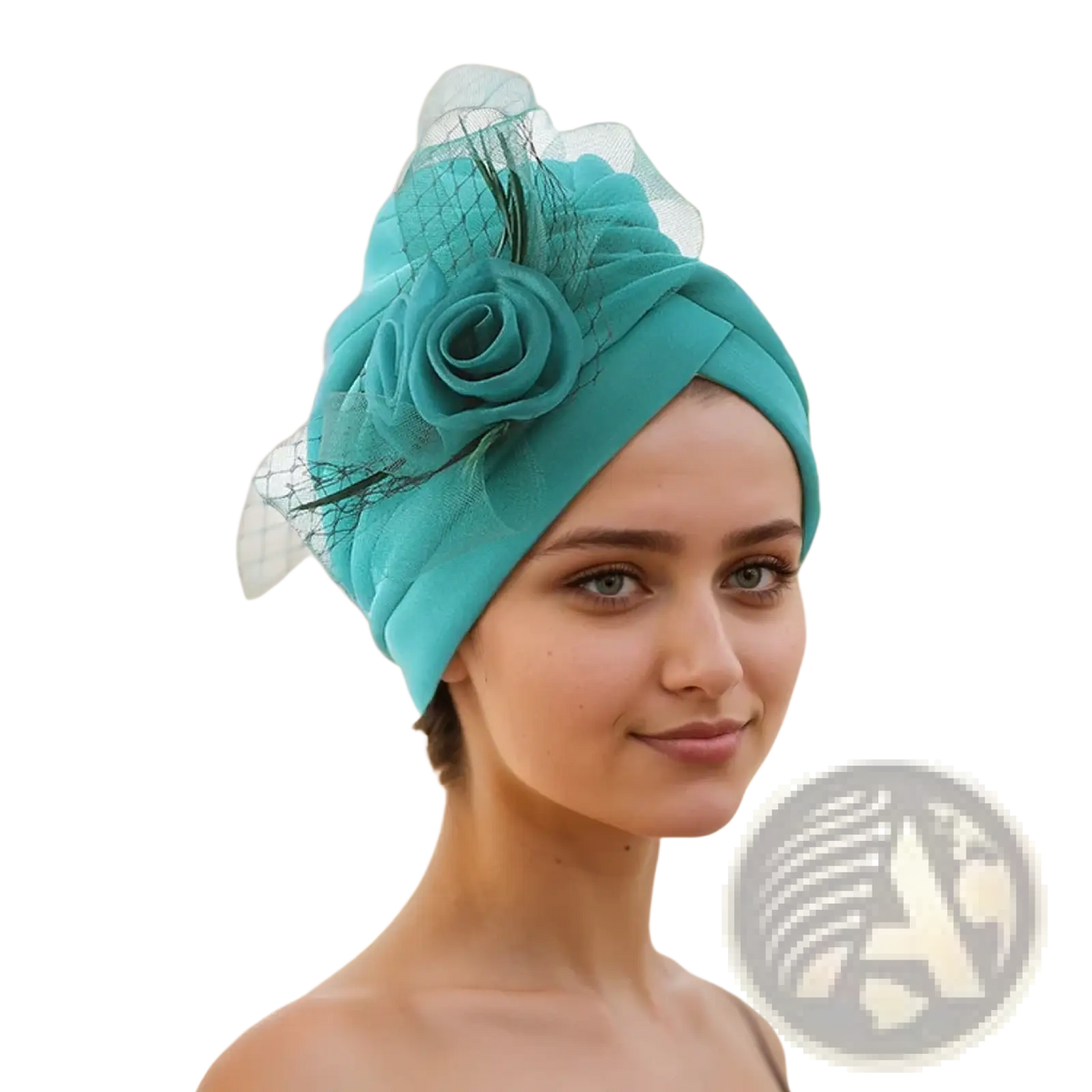 Floral turban headwrap in teal velvet fabric with rose embellishment and sheer netting for wedding headpiece use