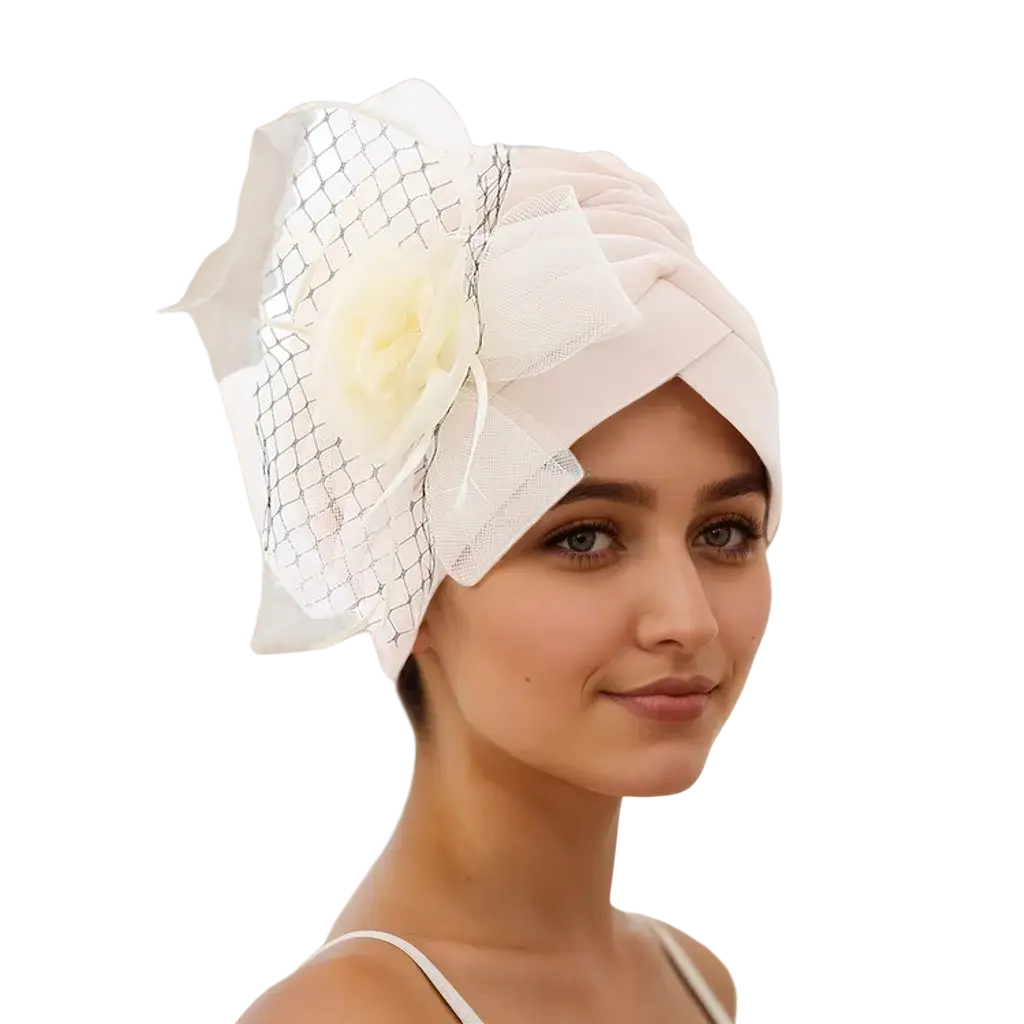 A delicate white velvet floral turban headwrap featuring lace netting and an ivory fabric rose for weddings