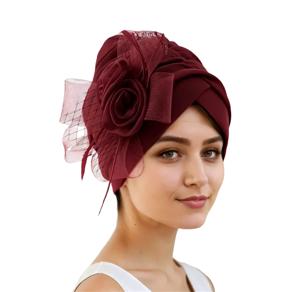 A maroon velvet floral turban headwrap with matching rose and sheer mesh accent for weddings and special occasions
