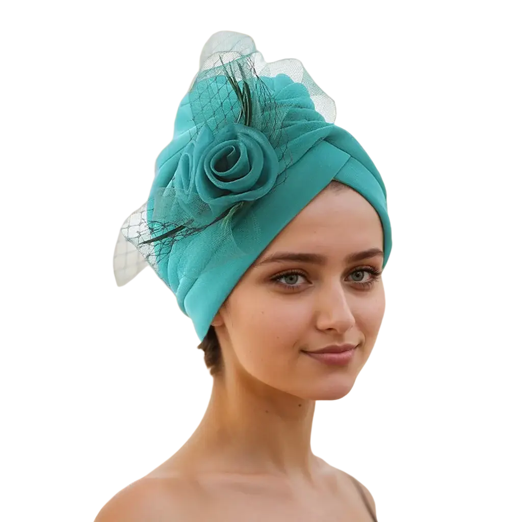 Floral turban headwrap in teal velvet fabric with rose embellishment and sheer netting for wedding headpiece use