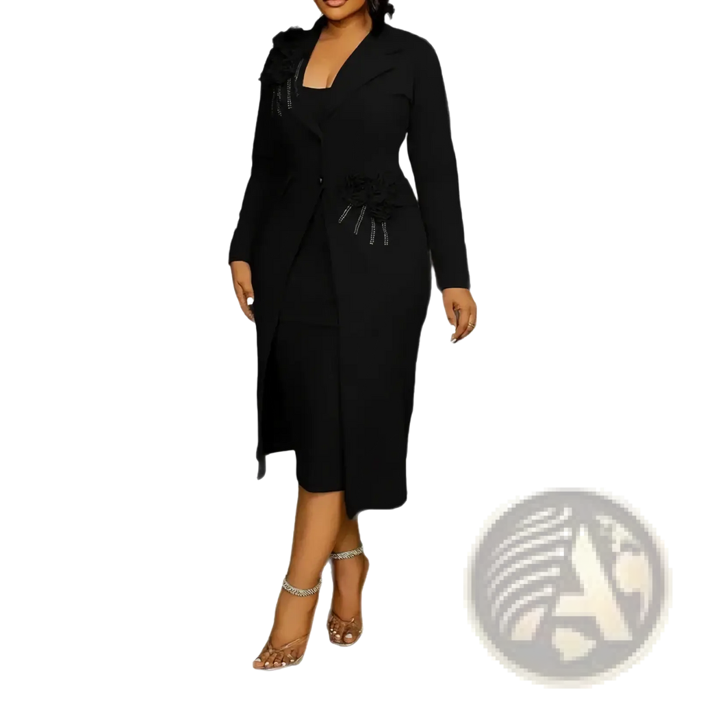 Black long-sleeved coat dress with floral embellishments and v-neckline from the floral two piece coat dress set