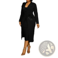 Black long-sleeved floral two piece coat dress set with blazer-style front and decorative embellishments