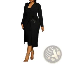 Black long-sleeved floral two piece coat dress set with blazer-style front and decorative embellishments