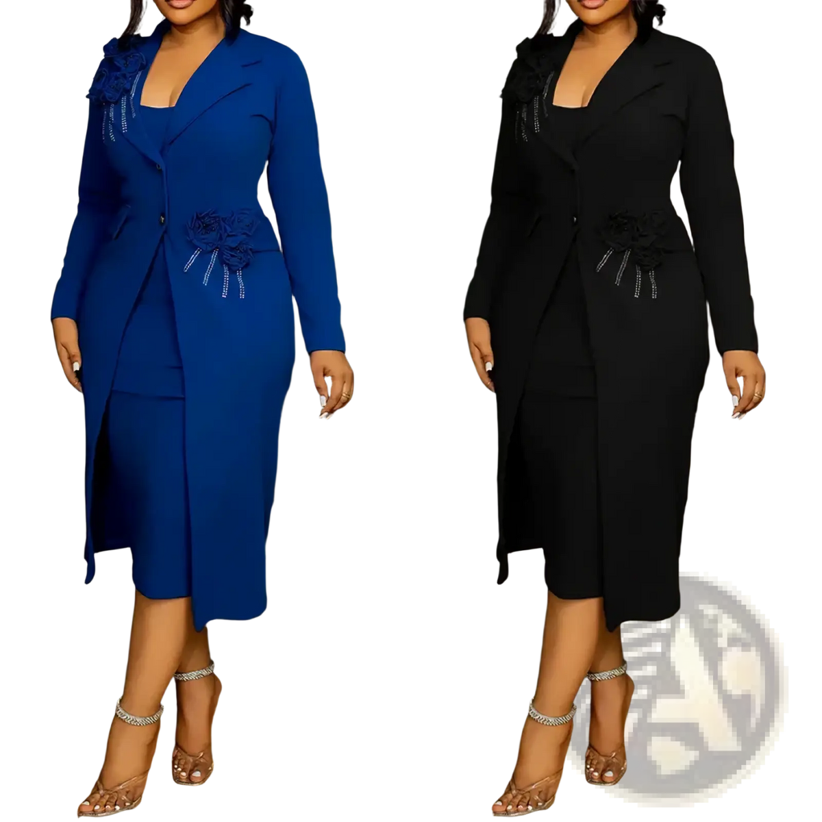 A floral two piece coat dress set featuring bold blue or elegant black fabric with decorative floral embellishments