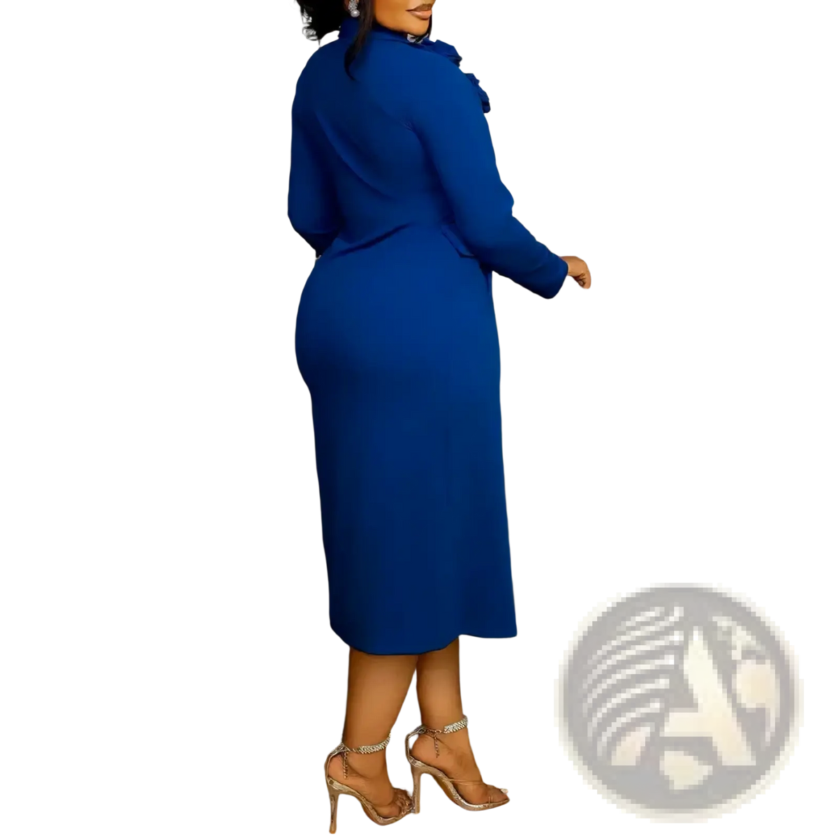 A vibrant royal blue long-sleeved fitted midi dress with a high neckline and cinched waist from the floral two piece coat dress set