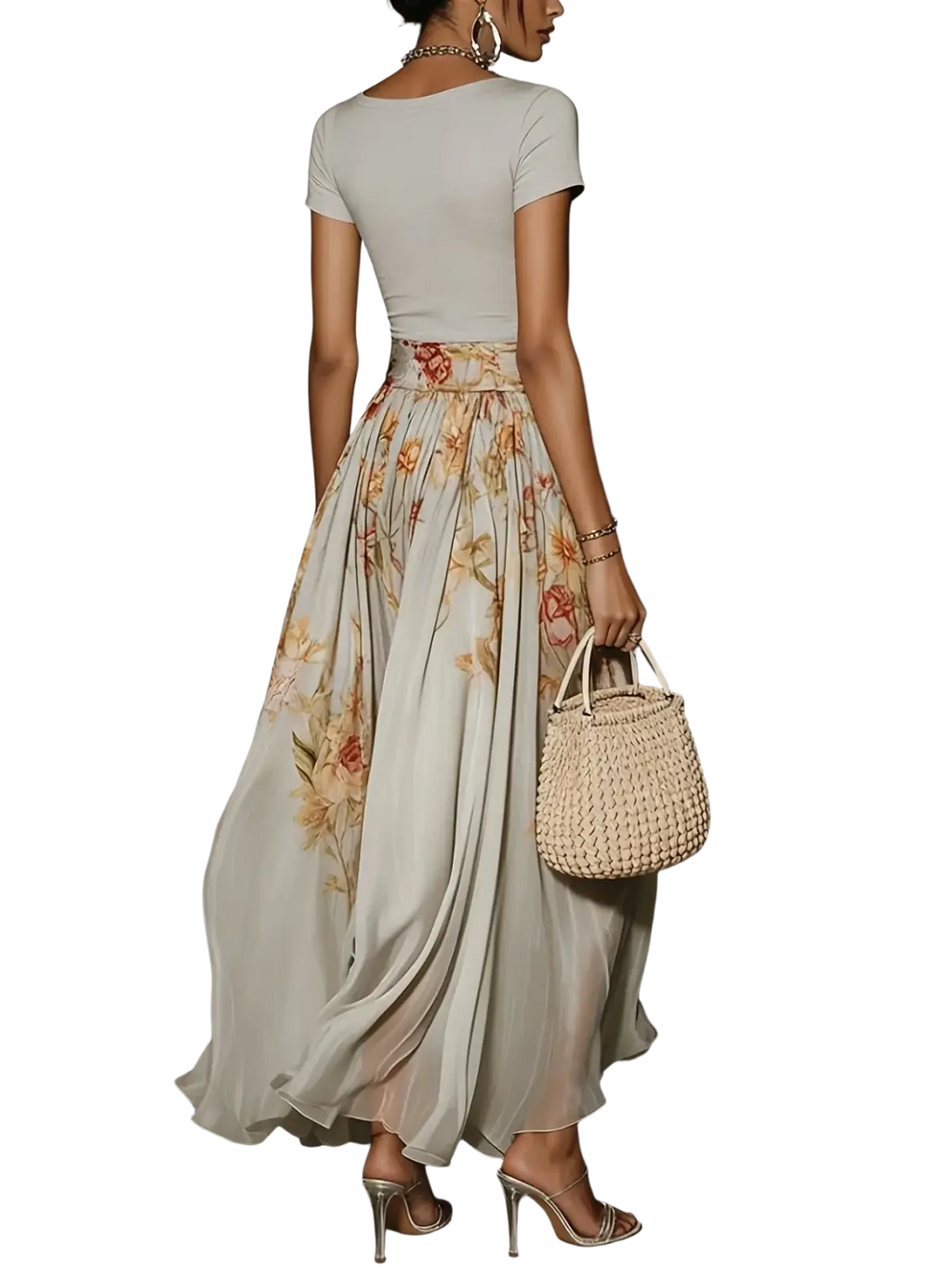Flowing light gray midi skirt with delicate peach and rust floral pattern from floral two piece midi dress set closure type unknown