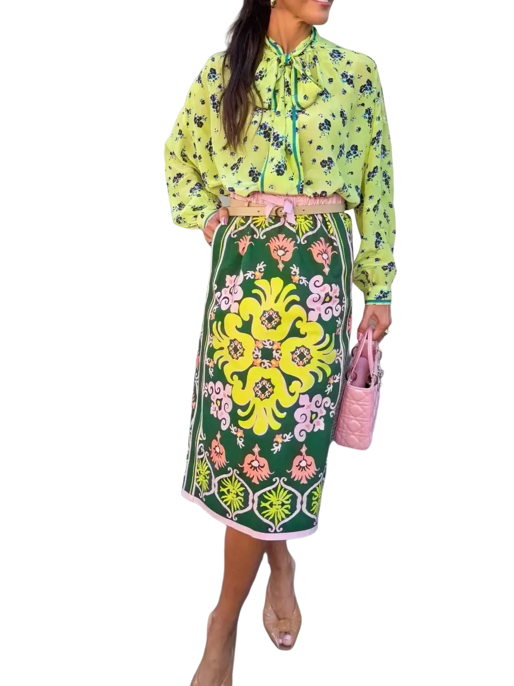 Green midi skirt with bold yellow and pink floral pattern and contrasting pink trim from floral two piece midi skirt set boho outfit