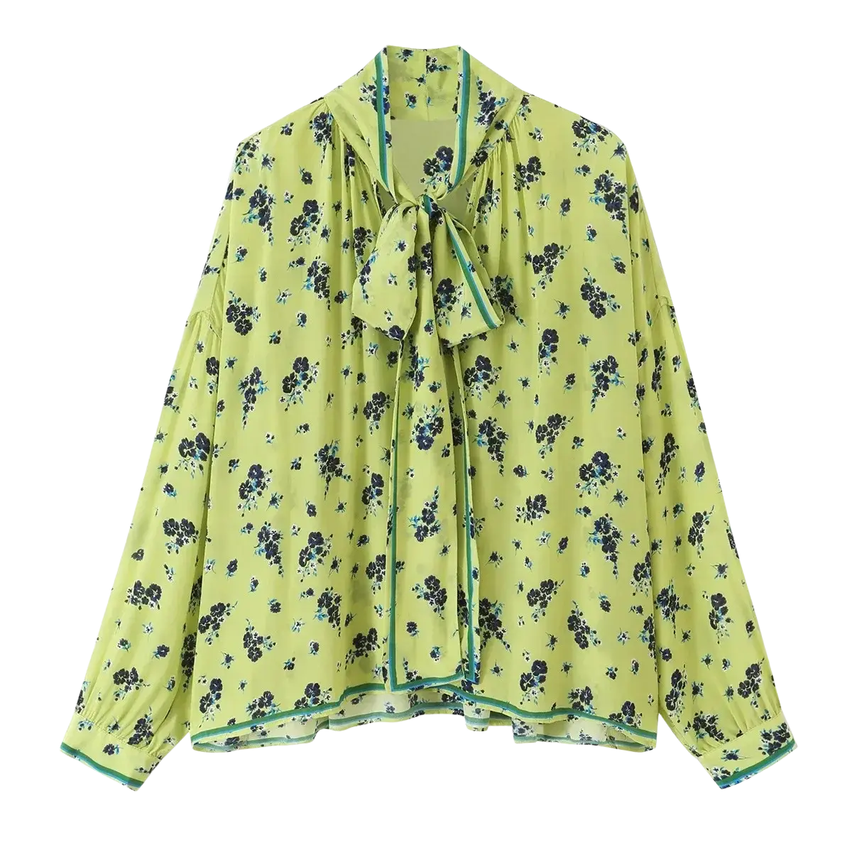 A light green floral two piece midi skirt set with black pattern teal trim long sleeves and tied neck detail