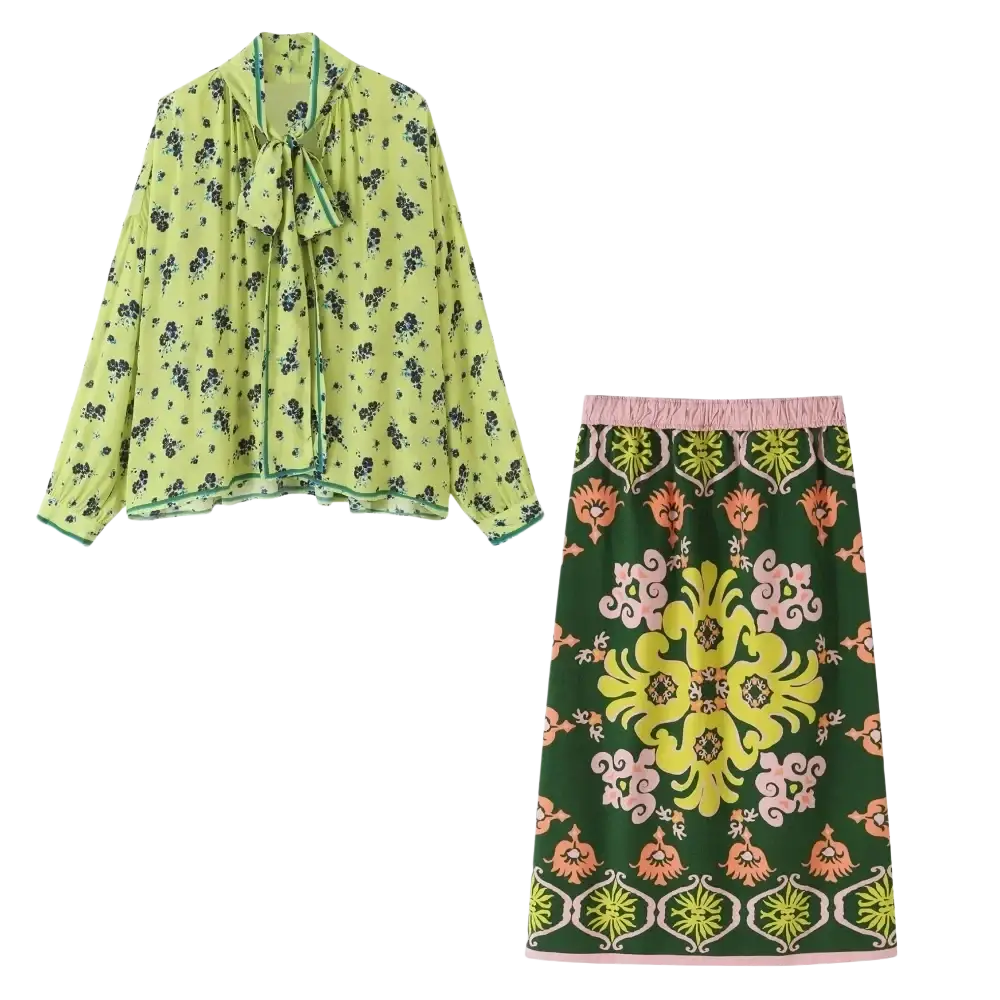 Floral two piece midi skirt set featuring lime green floral blouse with tied neck and emerald green skirt with yellow pink patterns