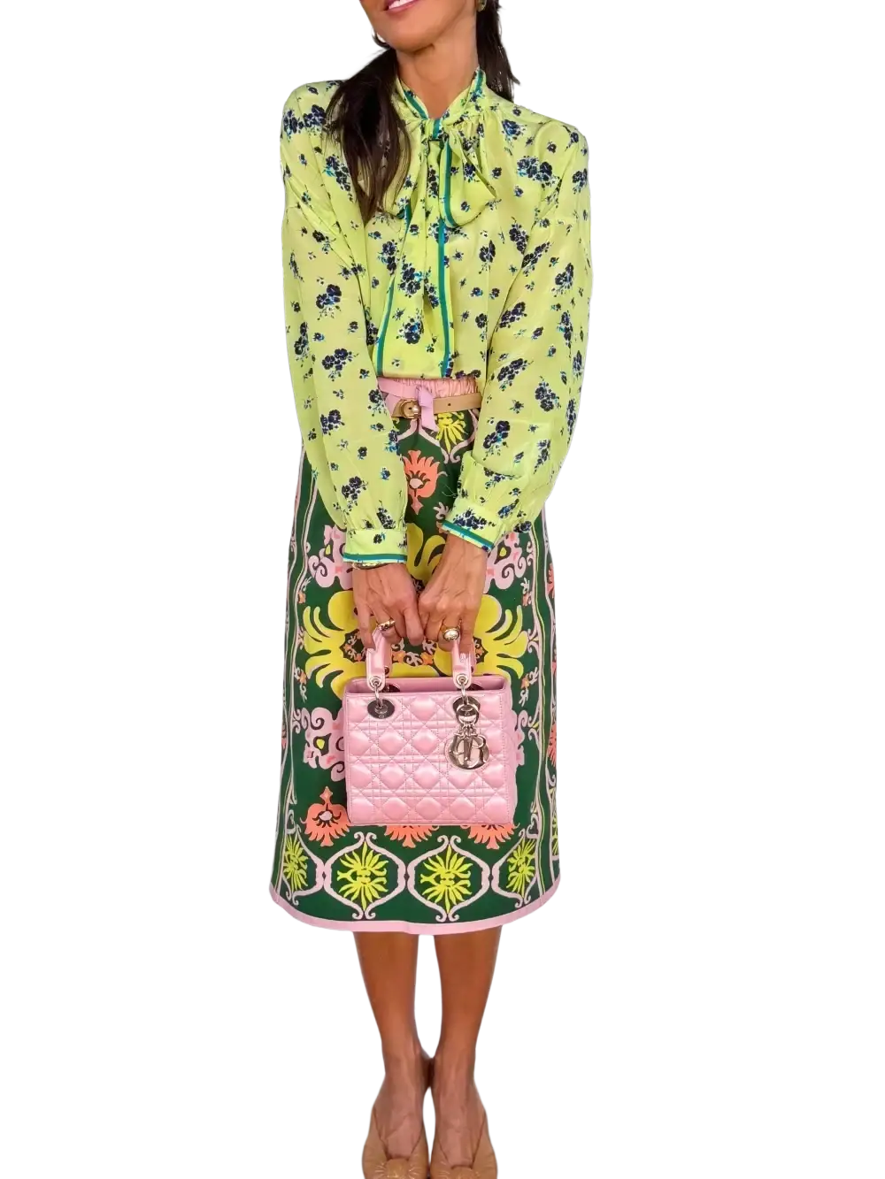 Pink quilted Dior Lady Dior handbag with gold-tone hardware paired with a floral two piece midi skirt boho outfit