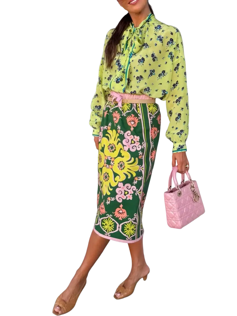 Pink quilted handbag with gold-tone hardware paired with floral two piece midi skirt set boho outfit