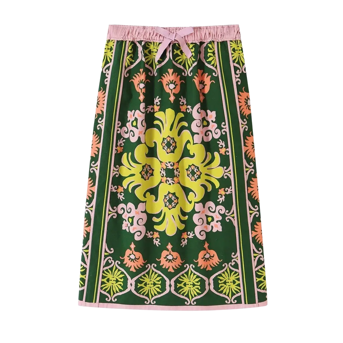 A vibrant green floral two piece midi skirt set featuring a bold yellow pink and orange pattern with a bow waistband