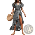 Black and white floral chiffon wrap dress featuring v neck, ruffled sleeves, and high slit for elegant occasions