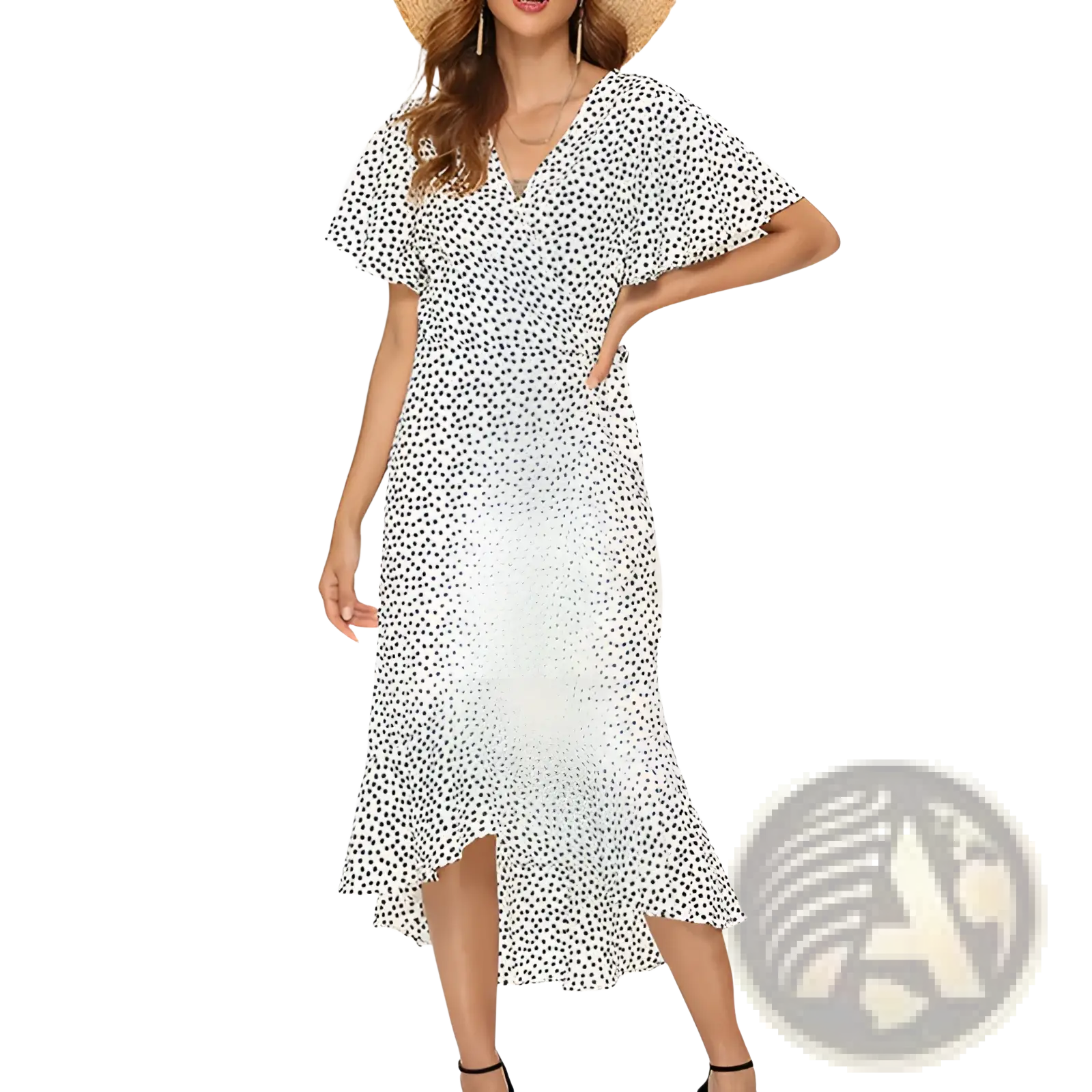A white chiffon midi dress with black polka dots featuring a v-neckline and flutter sleeves