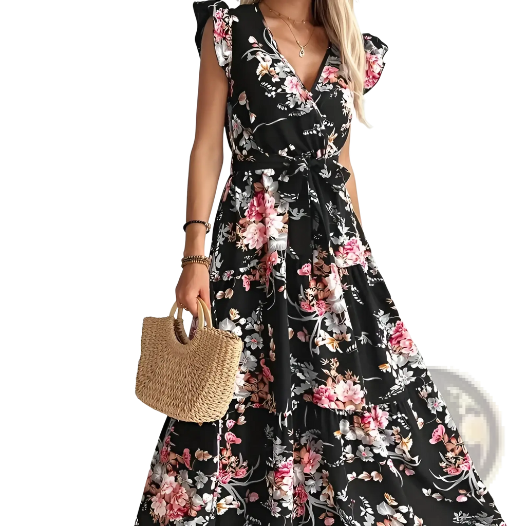 Black floral maxi dress with pink and white blossoms featuring v neck ruffled cap sleeves and belted wrap waist