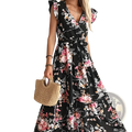 Black floral maxi dress with pink and white blossoms featuring v neck ruffled cap sleeves and belted wrap waist