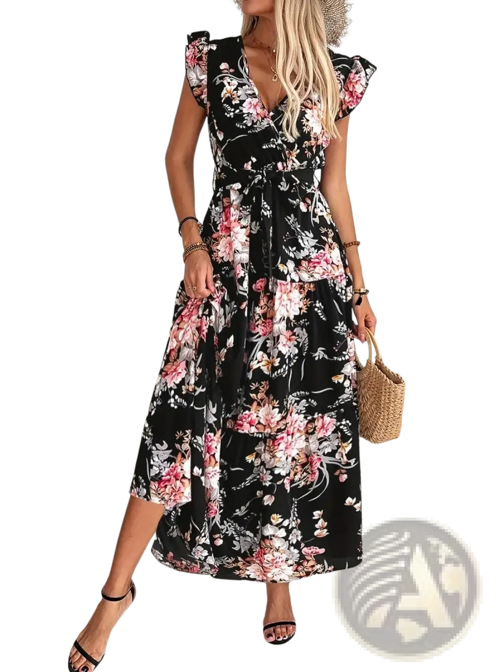 Black floral print wrap maxi dress with v neck ruffled cap sleeves and matching belted waist detailing