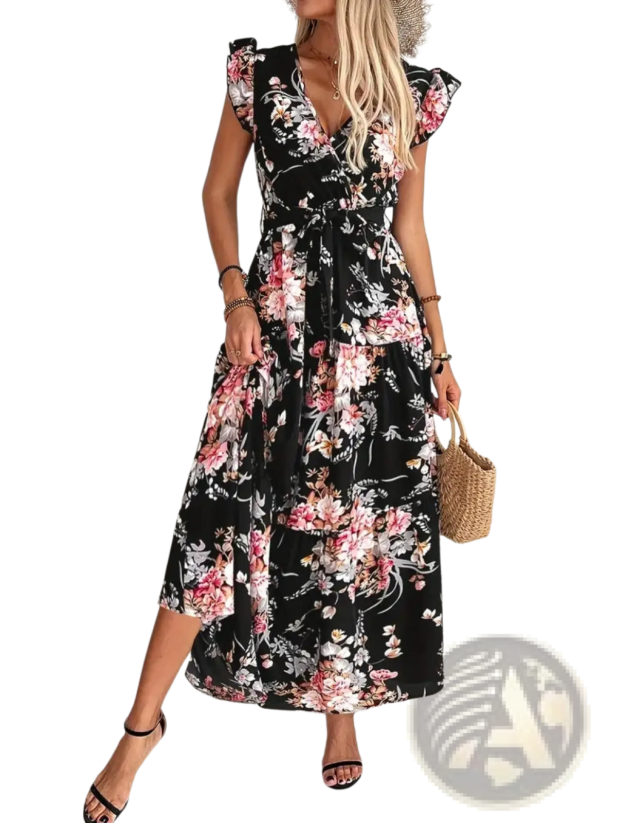 Black floral print wrap maxi dress with v neck ruffled cap sleeves and matching belted waist detailing