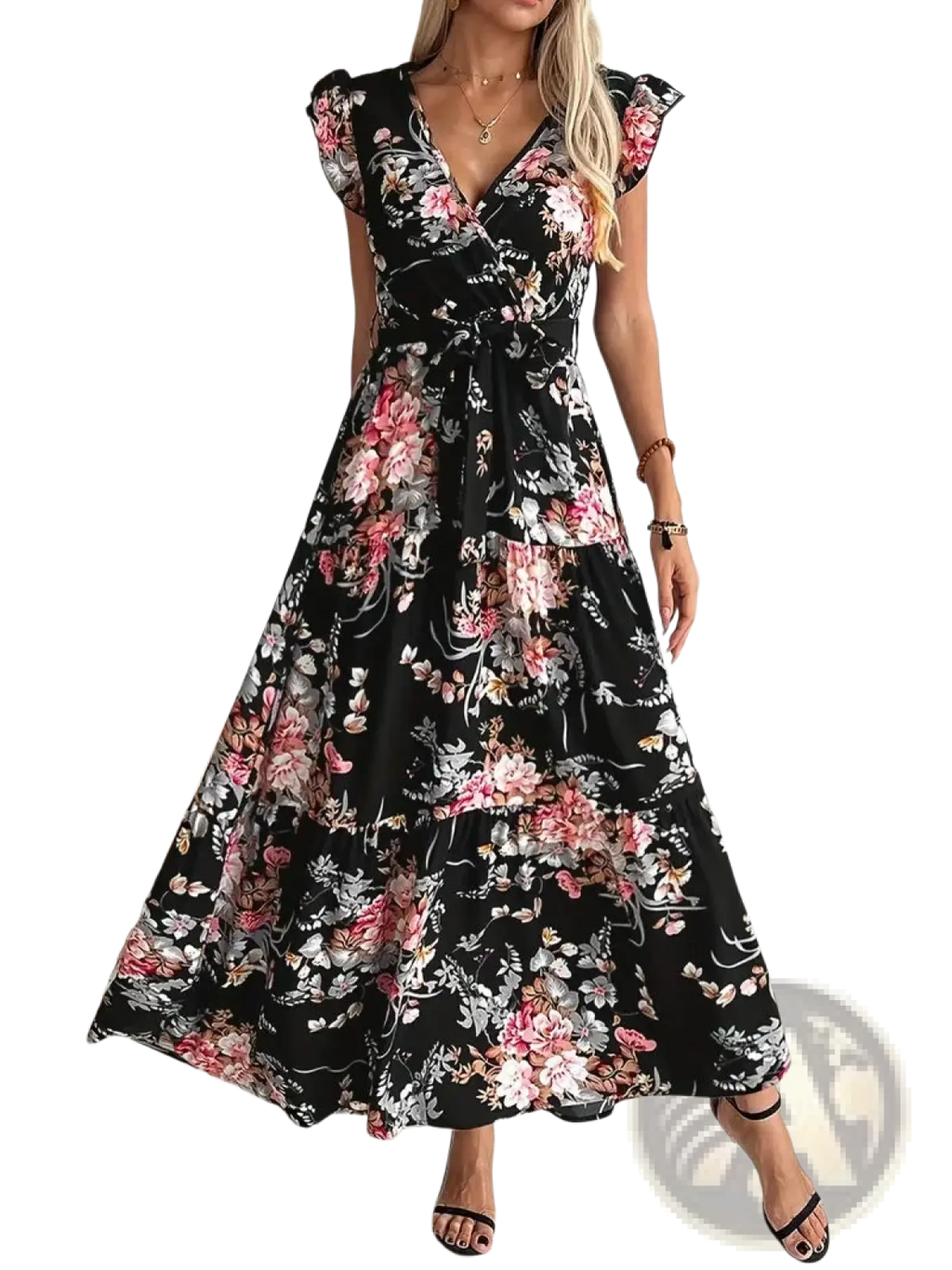 Black floral v neck ruffled maxi dress with pink and white blossoms and belted waist for elegant occasions