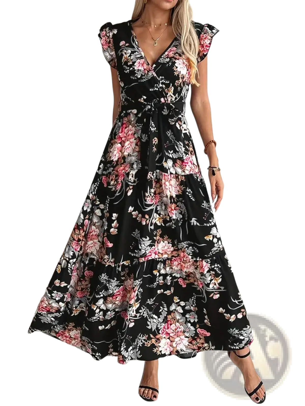 Black floral v neck ruffled maxi dress with pink and white blossoms and belted waist for elegant occasions